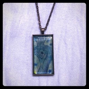 Peacock Illustration in Bronze Bezel & Chain